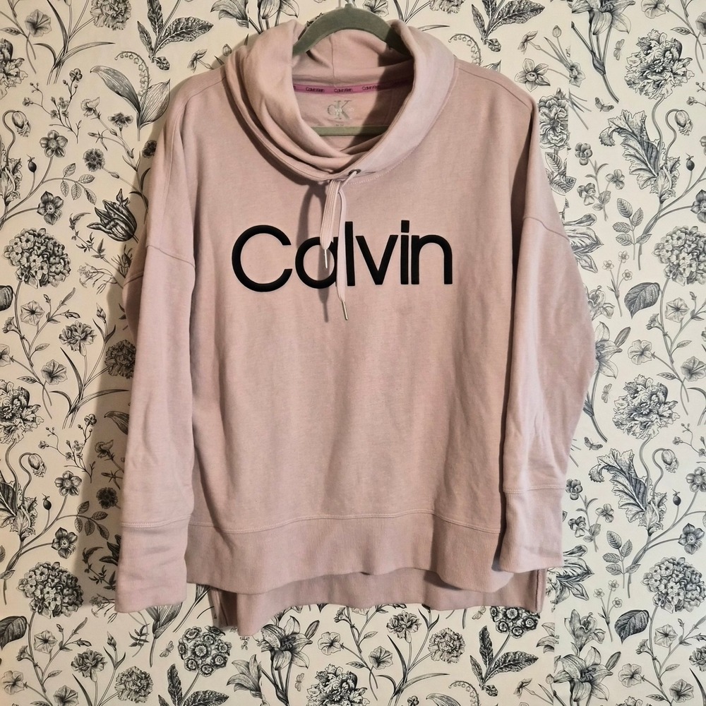 Calvin Klein Women Cowl Neck Logo Sweatshirt Pink Pullover Medium Barbiecore